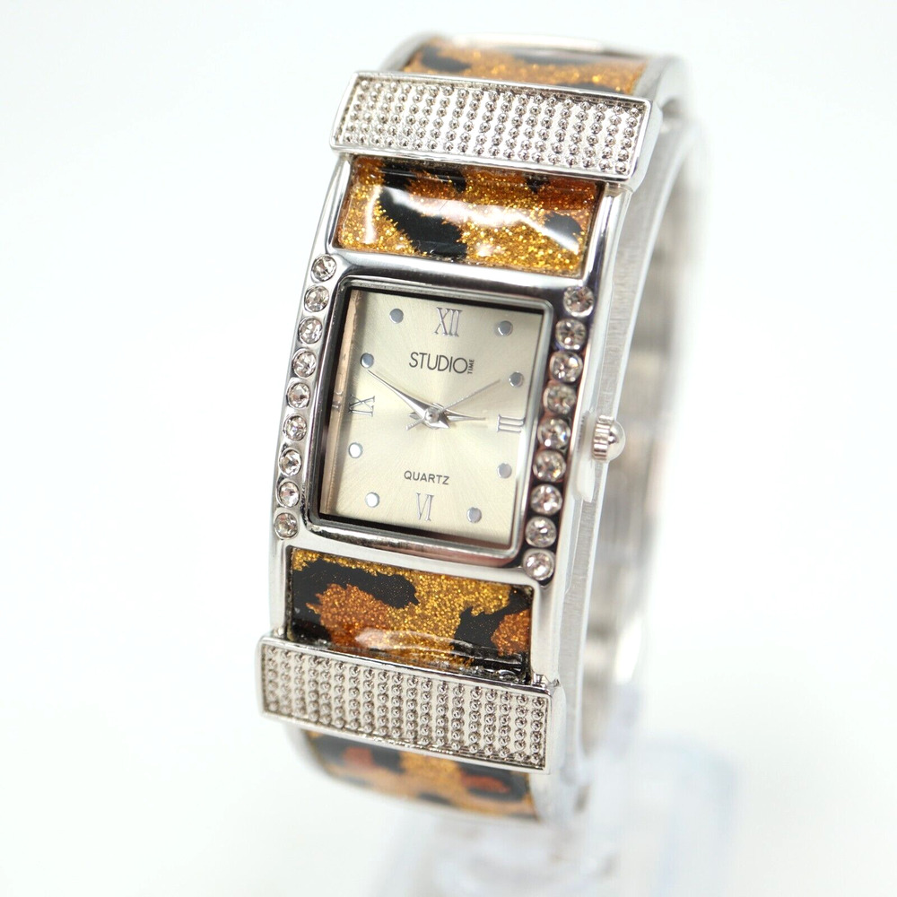 Studio Time Womens Leopard Print Cuff Watch 23mm Dial Crystal Bezel New Battery